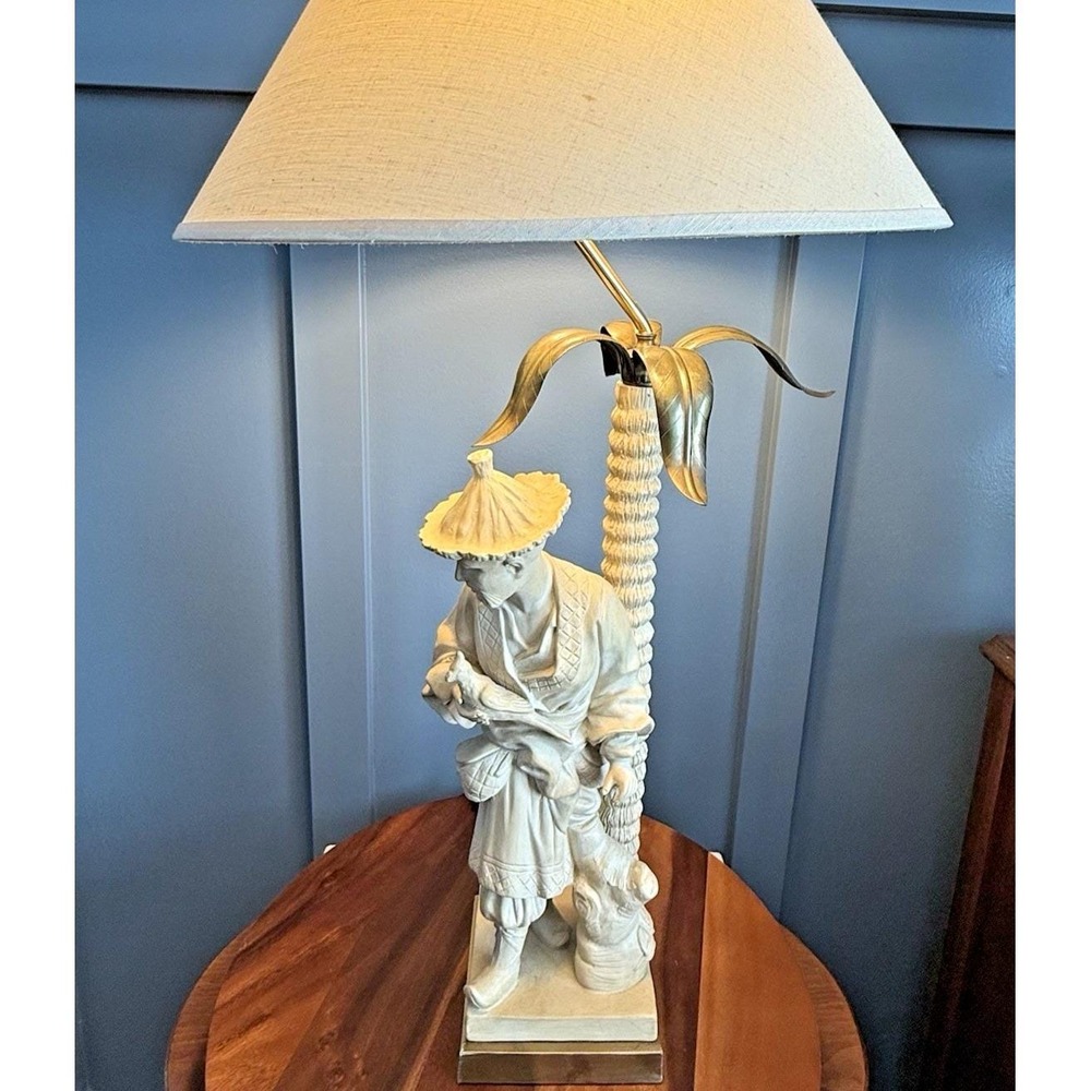 Chapman Palm Tree Table Lamp Brass Hollywood Regency 30" w Shade Asian Style